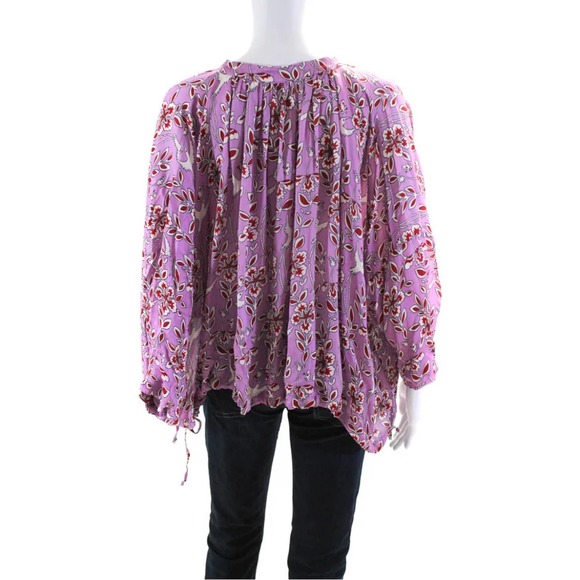 Rhode Helene Crepe De Chine Gathered Bird Print Peasant Blouse S - Picture 8 of 10